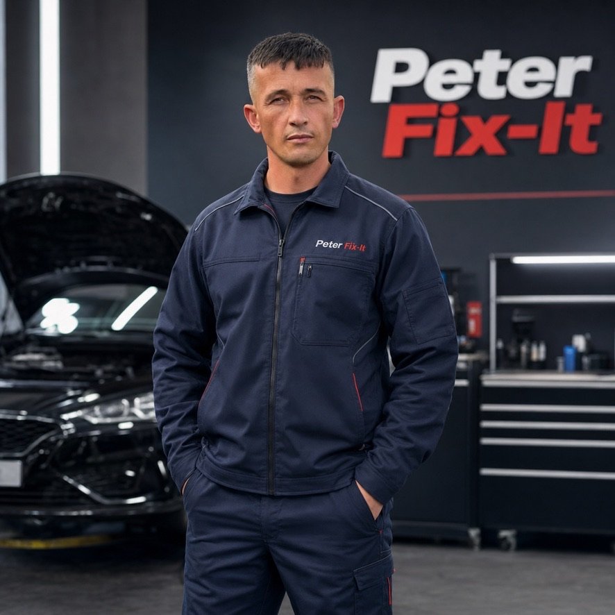 Peter Tinchev of Peter Fix-It — mobile mechanic based in Weston-super-Mare — in branded uniform in his workshop